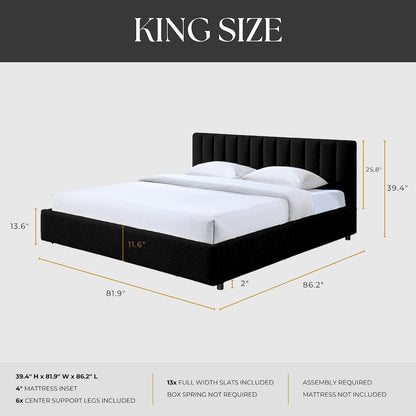 Jaxon Upholstered Platform King Bed in Black Boucle Fabric