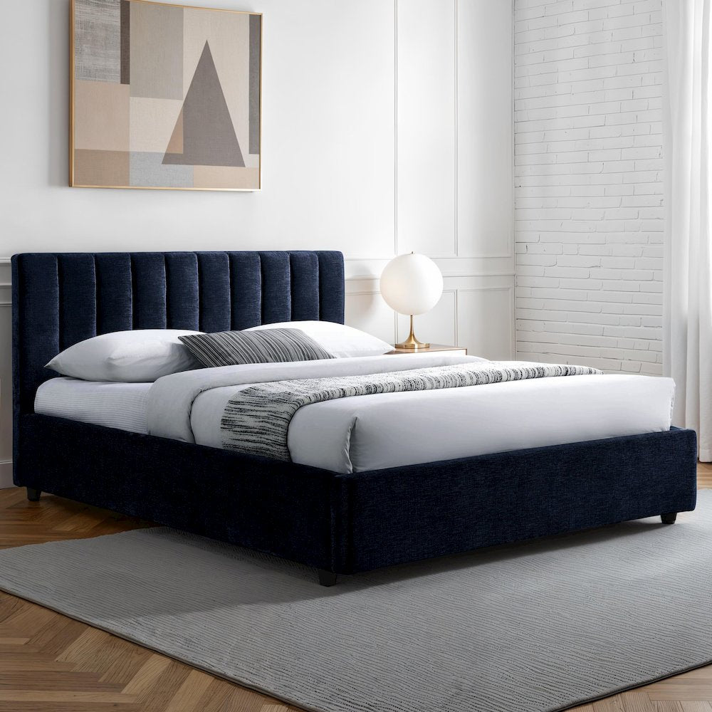 Jaxon Upholstered Platform Queen Bed in Blue Fabric