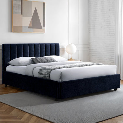 Jaxon Upholstered Platform Queen Bed in Blue Fabric