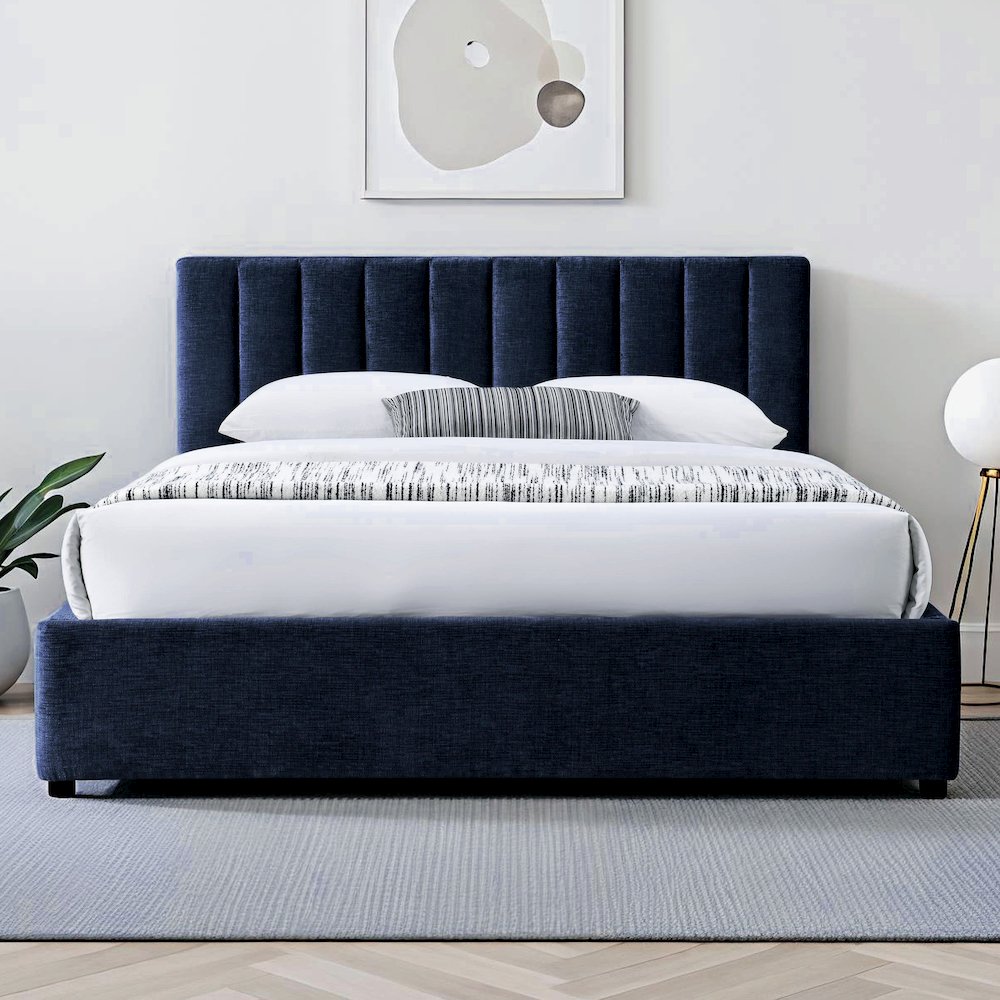 Jaxon Upholstered Platform Queen Bed in Blue Fabric