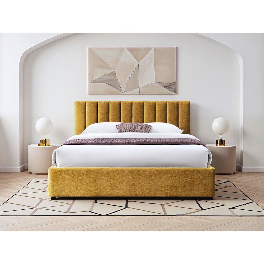 Jaxon Upholstered Platform Queen Bed in Gold Fabric