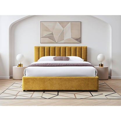 Jaxon Upholstered Platform Queen Bed in Gold Fabric