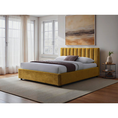 Jaxon Upholstered Platform Queen Bed in Gold Fabric