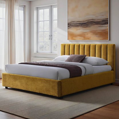Jaxon Upholstered Platform Queen Bed in Gold Fabric