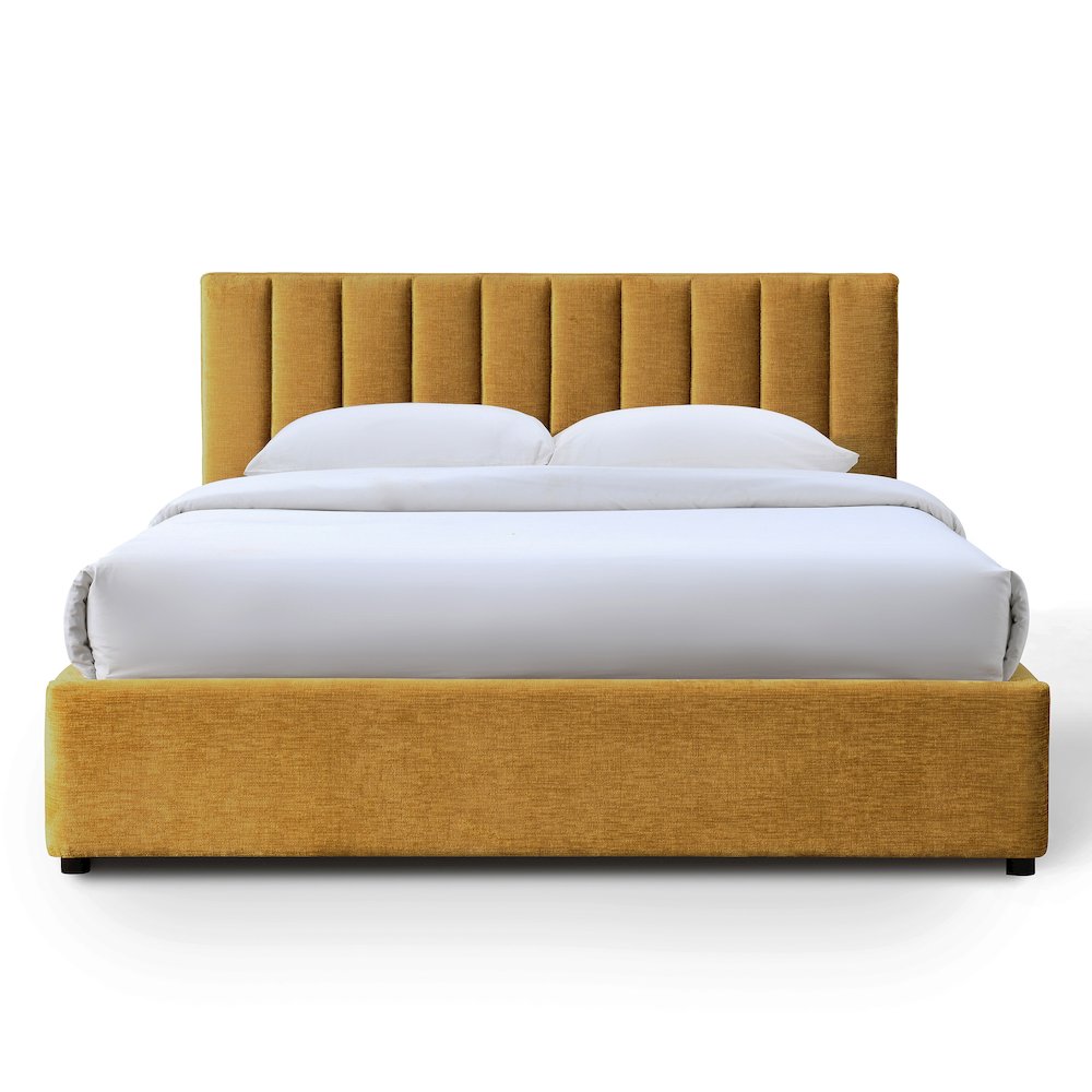 Jaxon Upholstered Platform Queen Bed in Gold Fabric