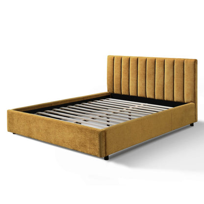 Jaxon Upholstered Platform Queen Bed in Gold Fabric