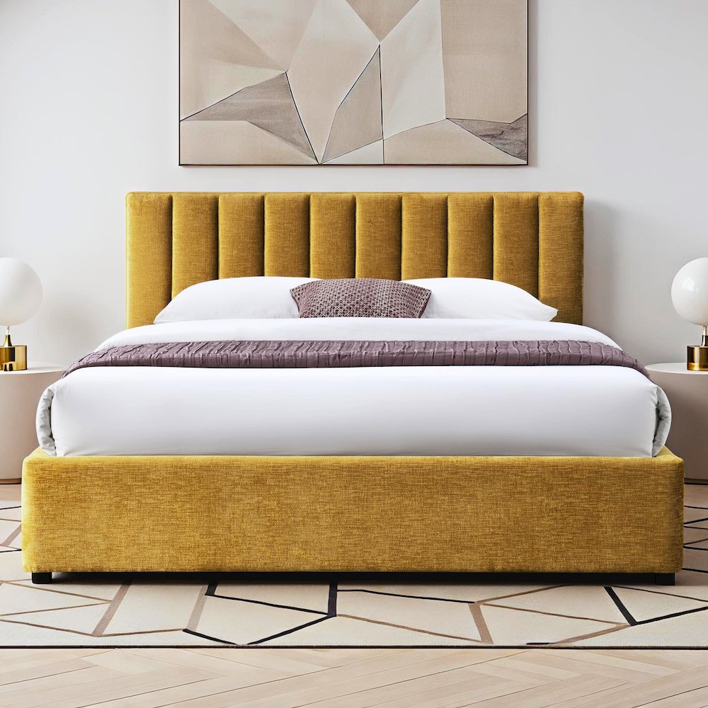 Jaxon Upholstered Platform Queen Bed in Gold Fabric