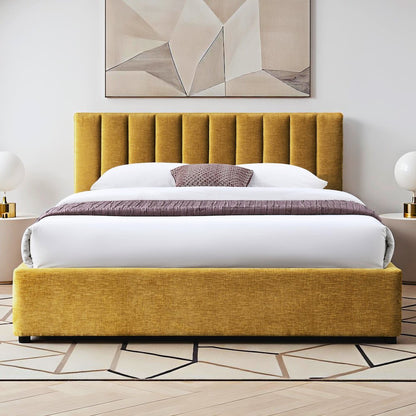 Jaxon Upholstered Platform Queen Bed in Gold Fabric