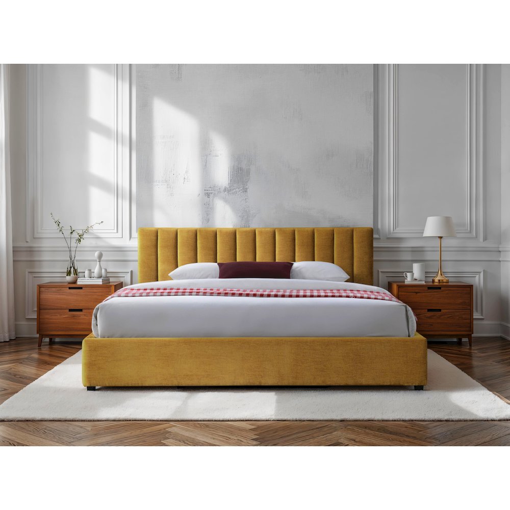 Jaxon Upholstered Platform King Bed in Gold Fabric