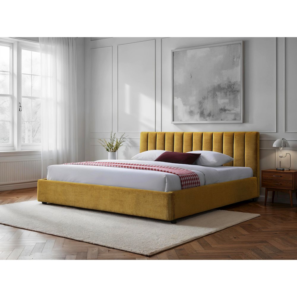 Jaxon Upholstered Platform King Bed in Gold Fabric