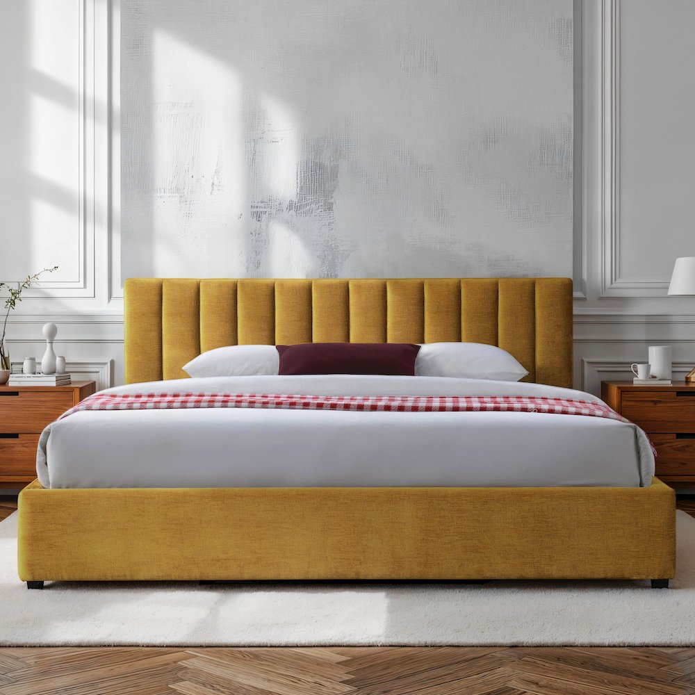 Jaxon Upholstered Platform King Bed in Gold Fabric