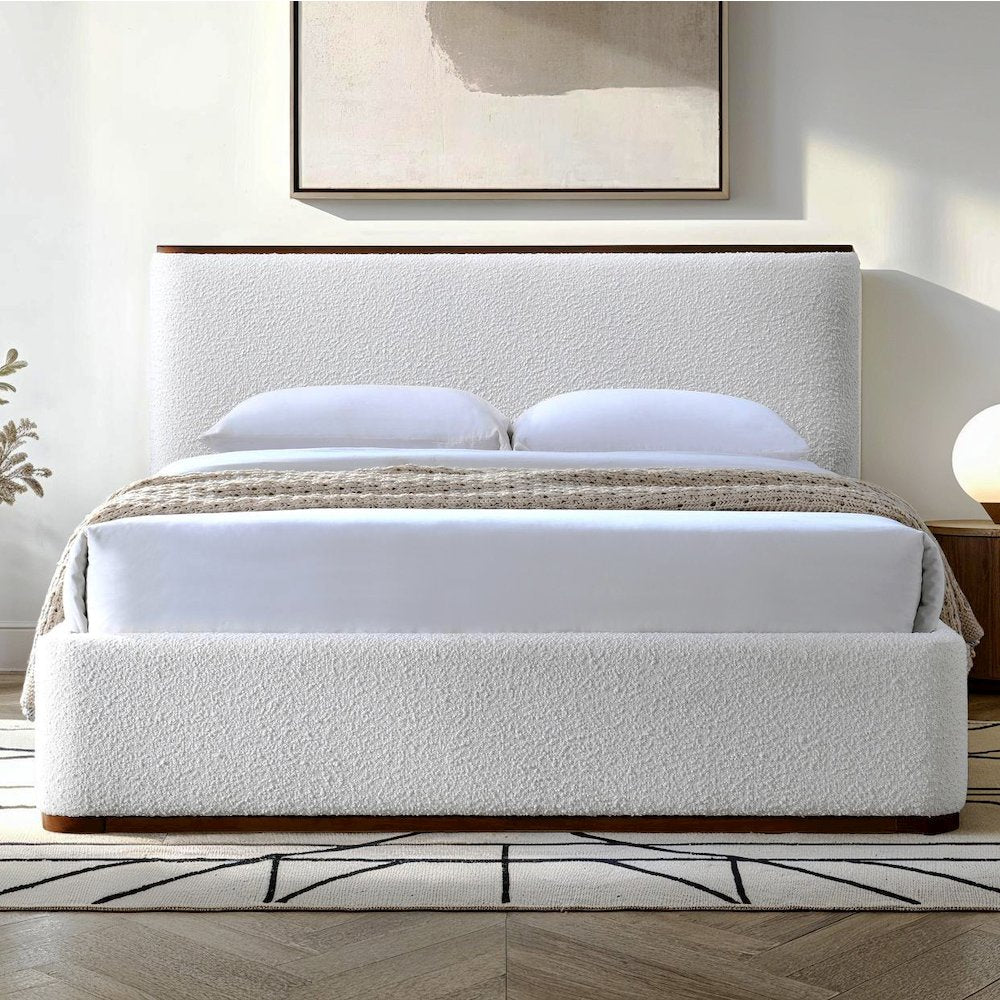 Aspen Upholstered Platform Queen Bed in White Cream Boucle Fabric