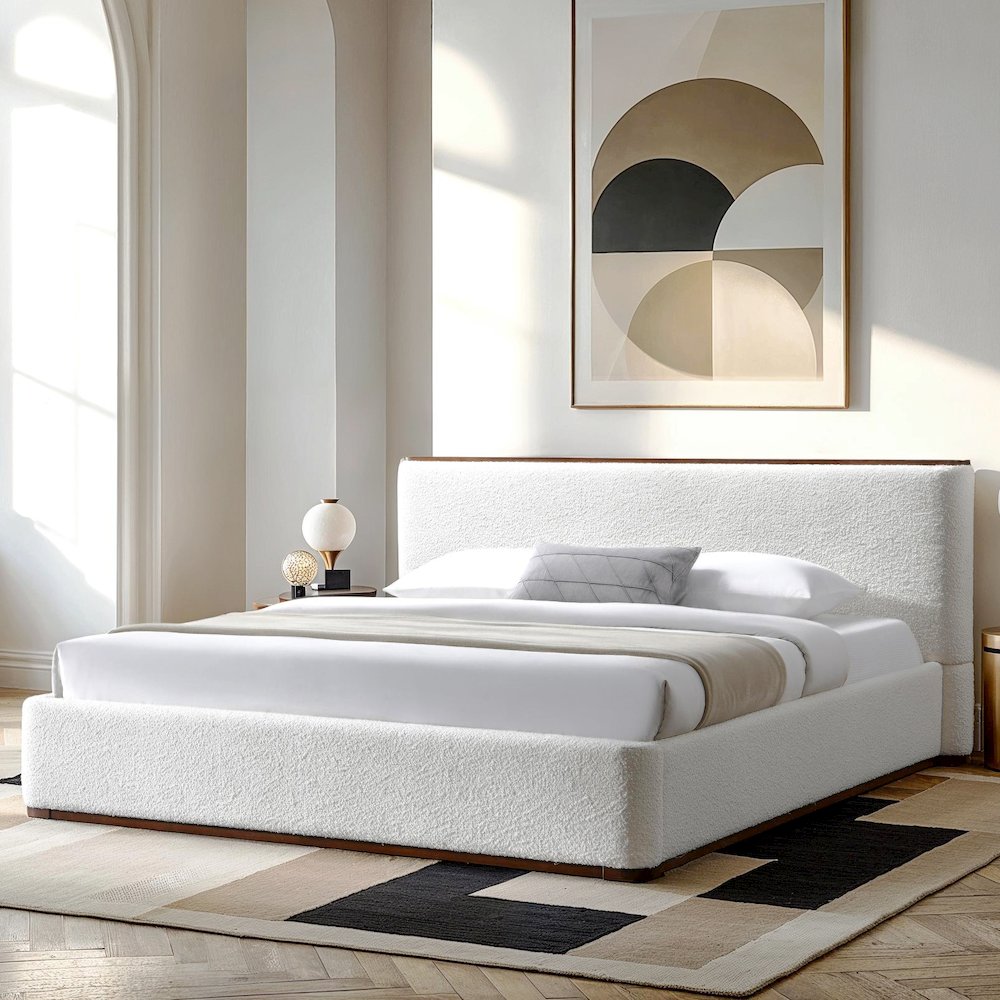 Aspen Upholstered Platform King Bed in White Cream Boucle Fabric