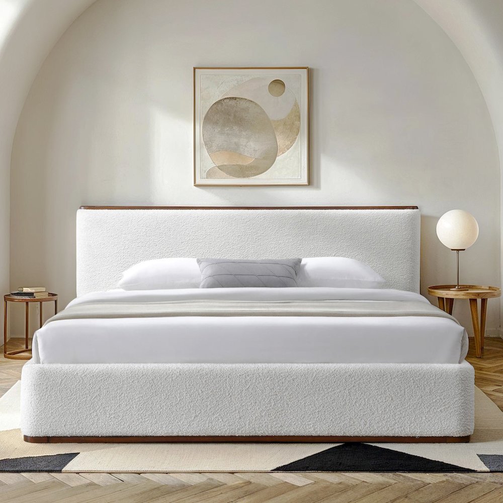 Aspen Upholstered Platform King Bed in White Cream Boucle Fabric