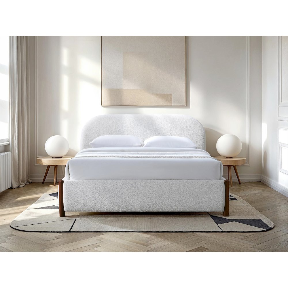 Valencia Upholstered Platform Queen Bed in White Cream Boucle Fabric