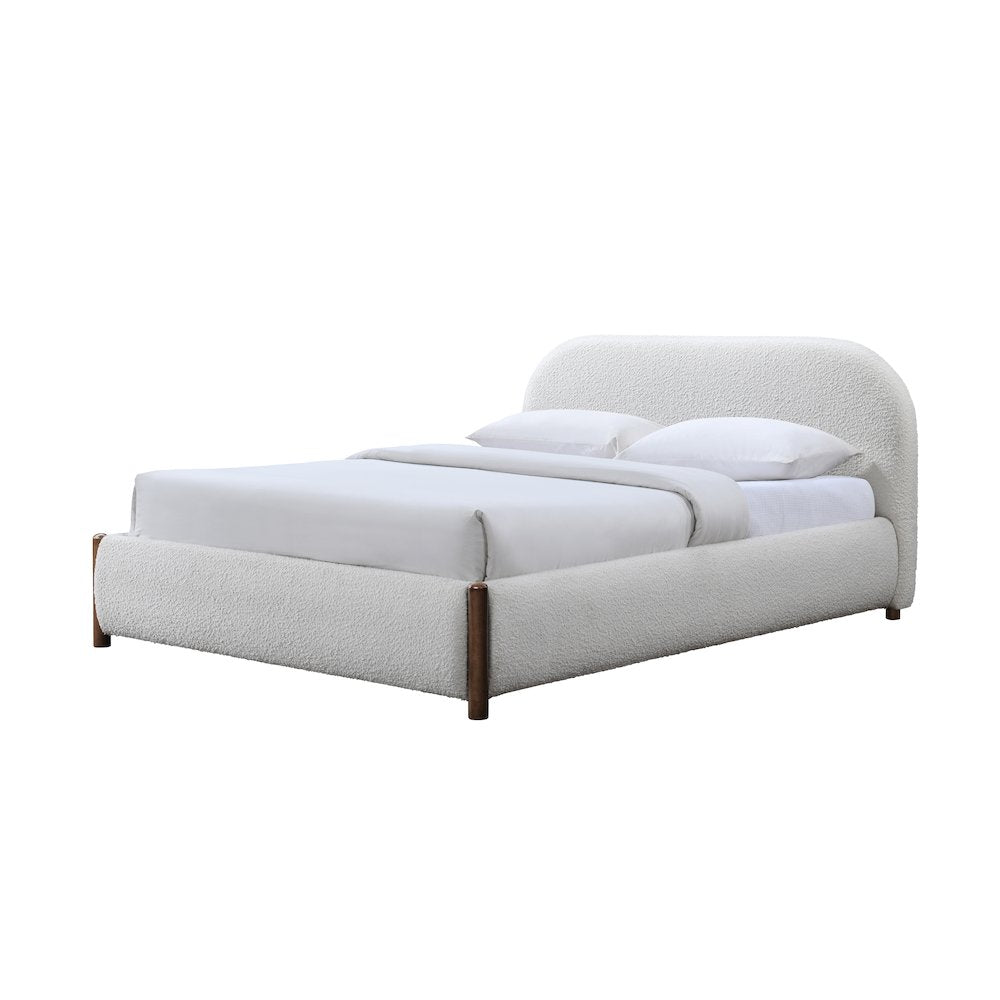 Valencia Upholstered Platform Queen Bed in White Cream Boucle Fabric