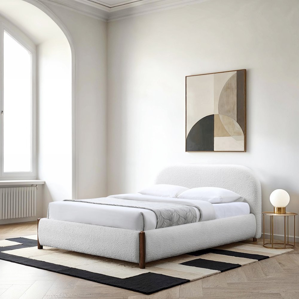 Valencia Upholstered Platform Queen Bed in White Cream Boucle Fabric