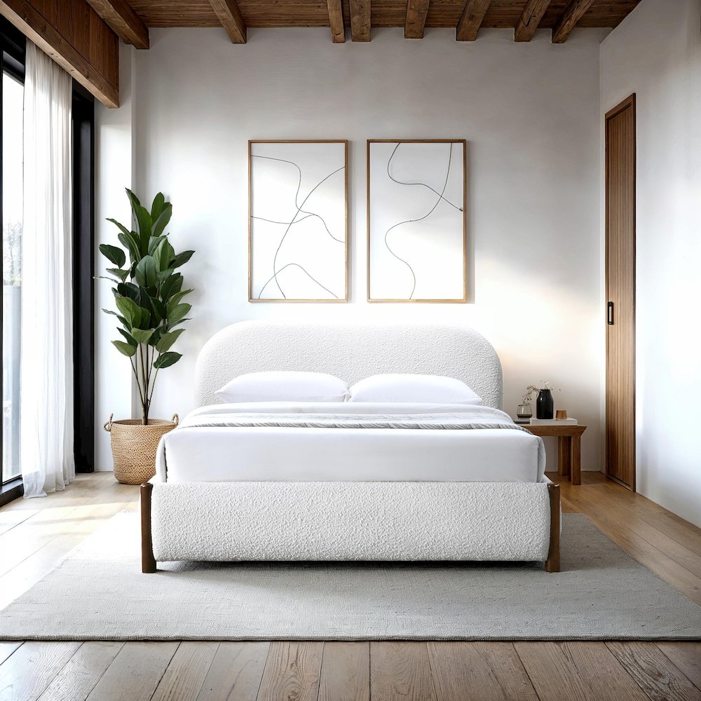 Valencia Upholstered Platform Queen Bed in White Cream Boucle Fabric