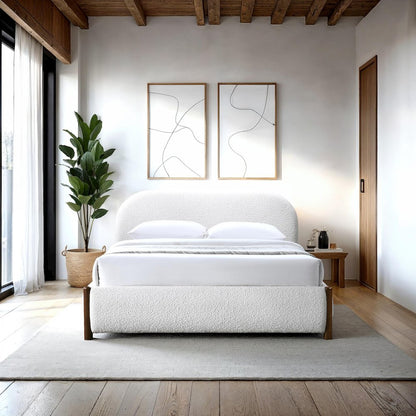 Valencia Upholstered Platform Queen Bed in White Cream Boucle Fabric