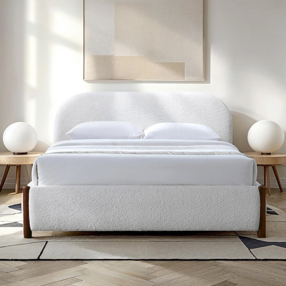 Valencia Upholstered Platform Queen Bed in White Cream Boucle Fabric