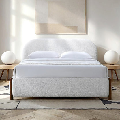 Valencia Upholstered Platform Queen Bed in White Cream Boucle Fabric