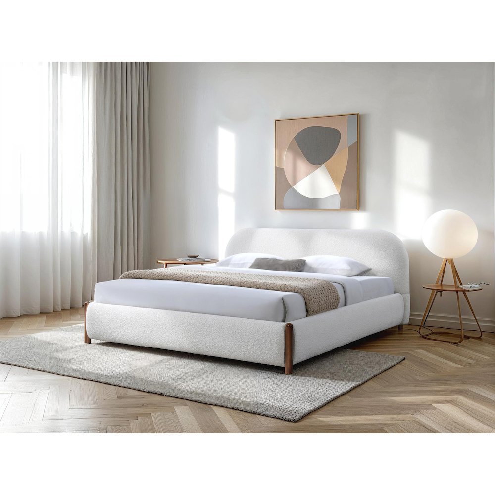Valencia Upholstered Platform King Bed in White Cream Boucle Fabric