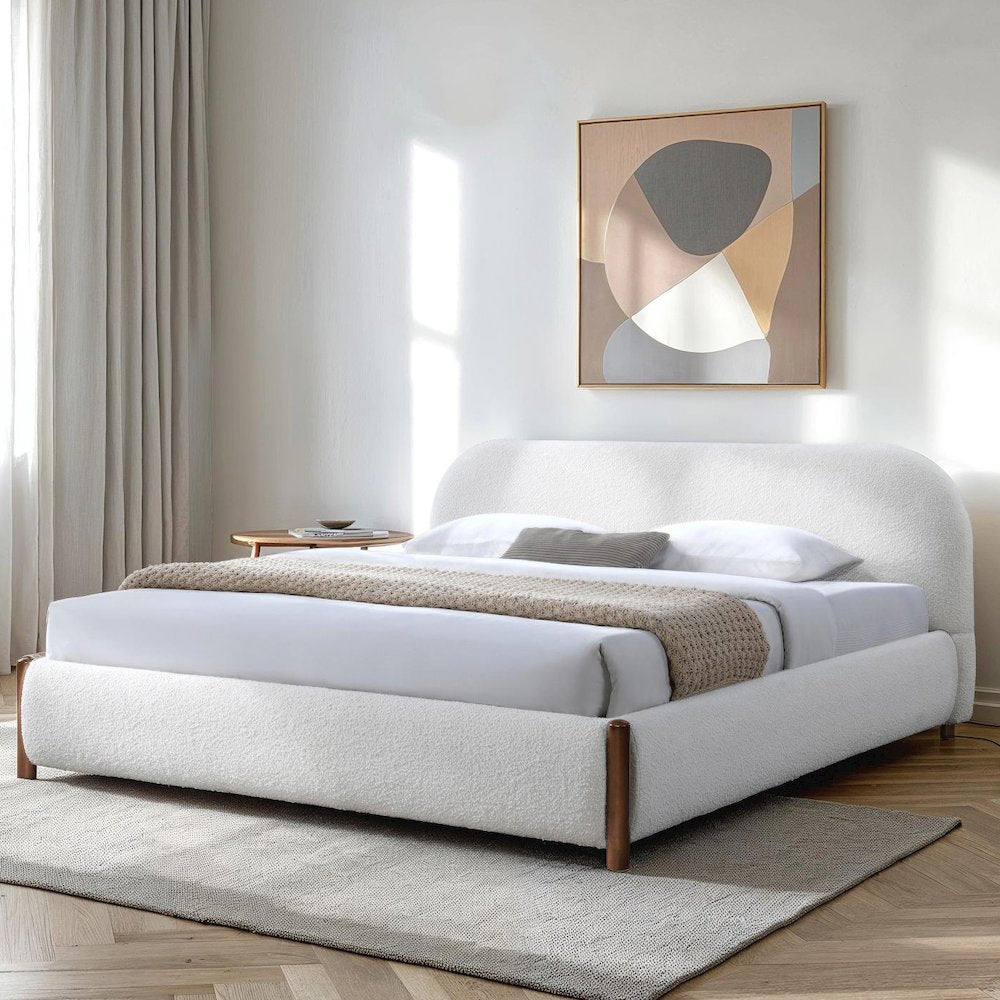 Valencia Upholstered Platform King Bed in White Cream Boucle Fabric