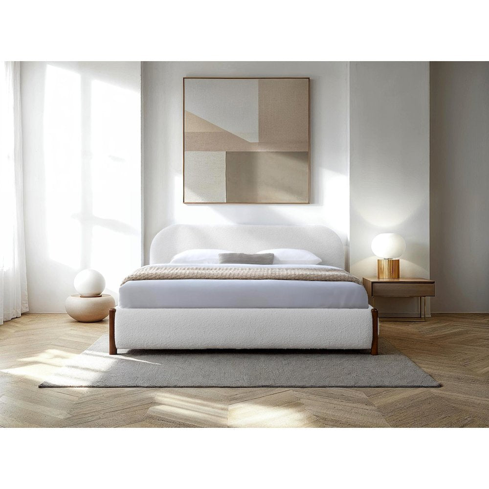 Valencia Upholstered Platform King Bed in White Cream Boucle Fabric