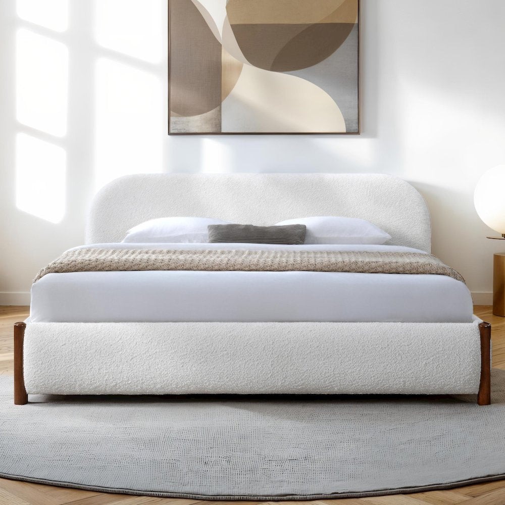 Valencia Upholstered Platform King Bed in White Cream Boucle Fabric