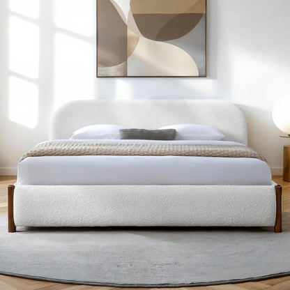 Valencia Upholstered Platform King Bed in White Cream Boucle Fabric
