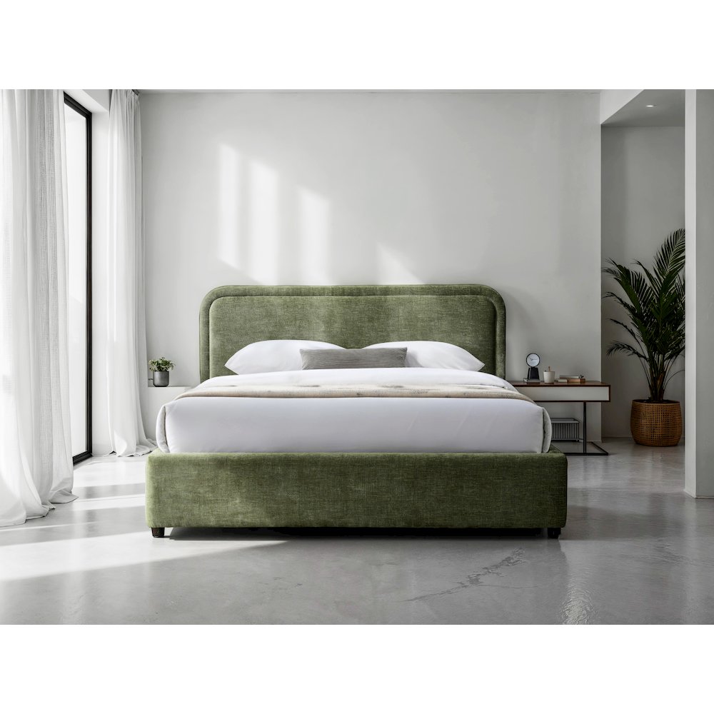 Chloe Upholstered Platform Queen Bed in Moss Green Fabric