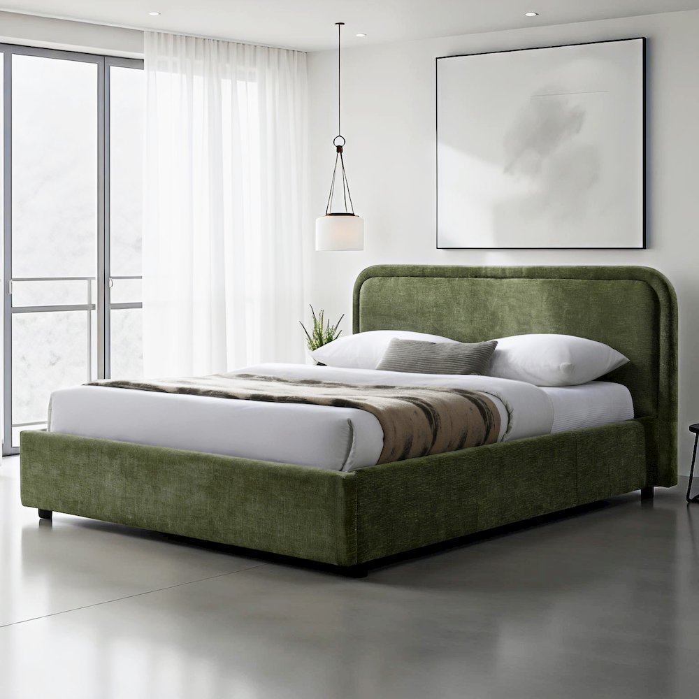 Chloe Upholstered Platform Queen Bed in Moss Green Fabric