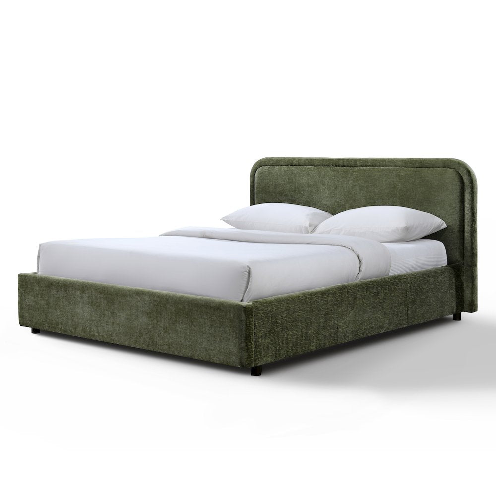 Chloe Upholstered Platform Queen Bed in Moss Green Fabric