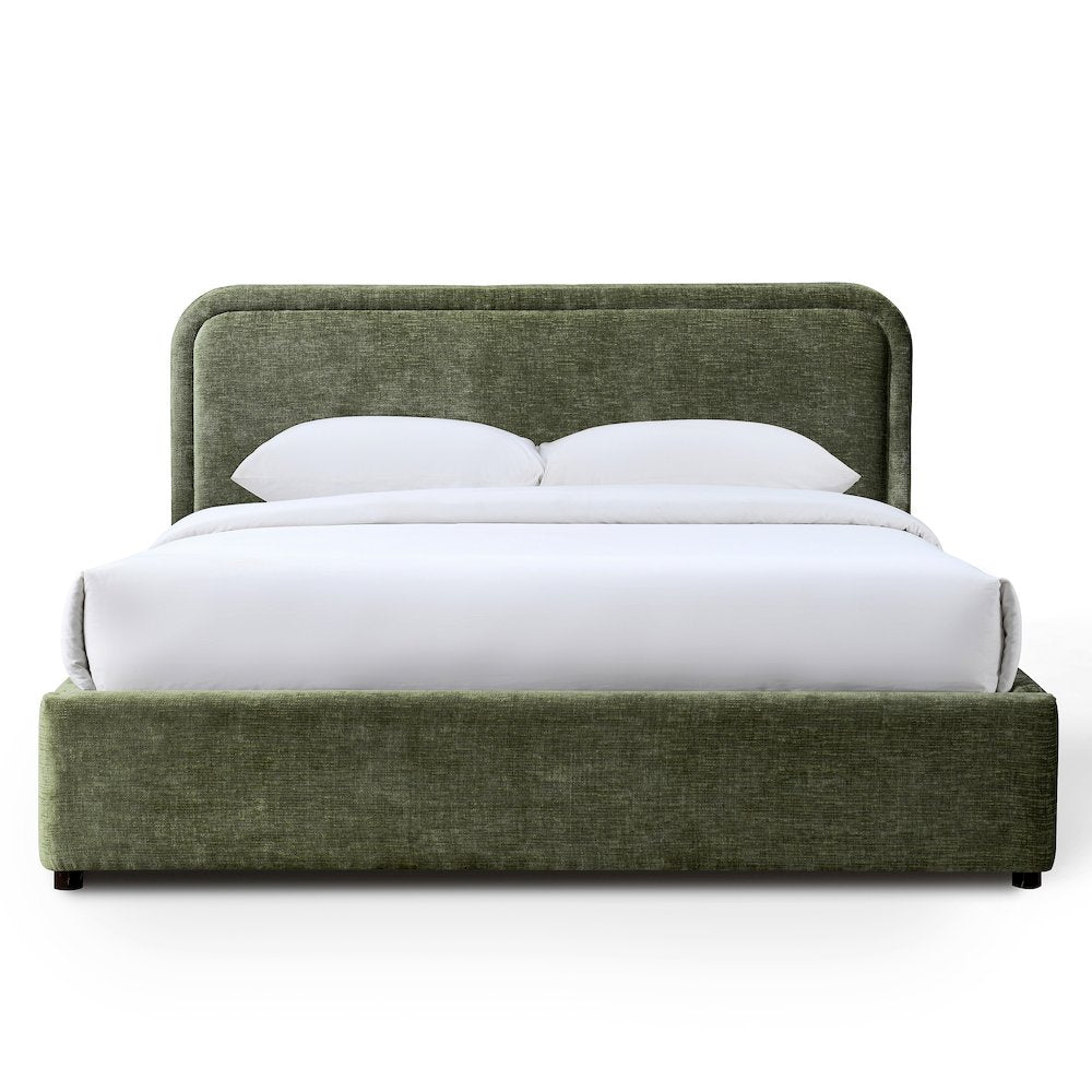 Chloe Upholstered Platform Queen Bed in Moss Green Fabric