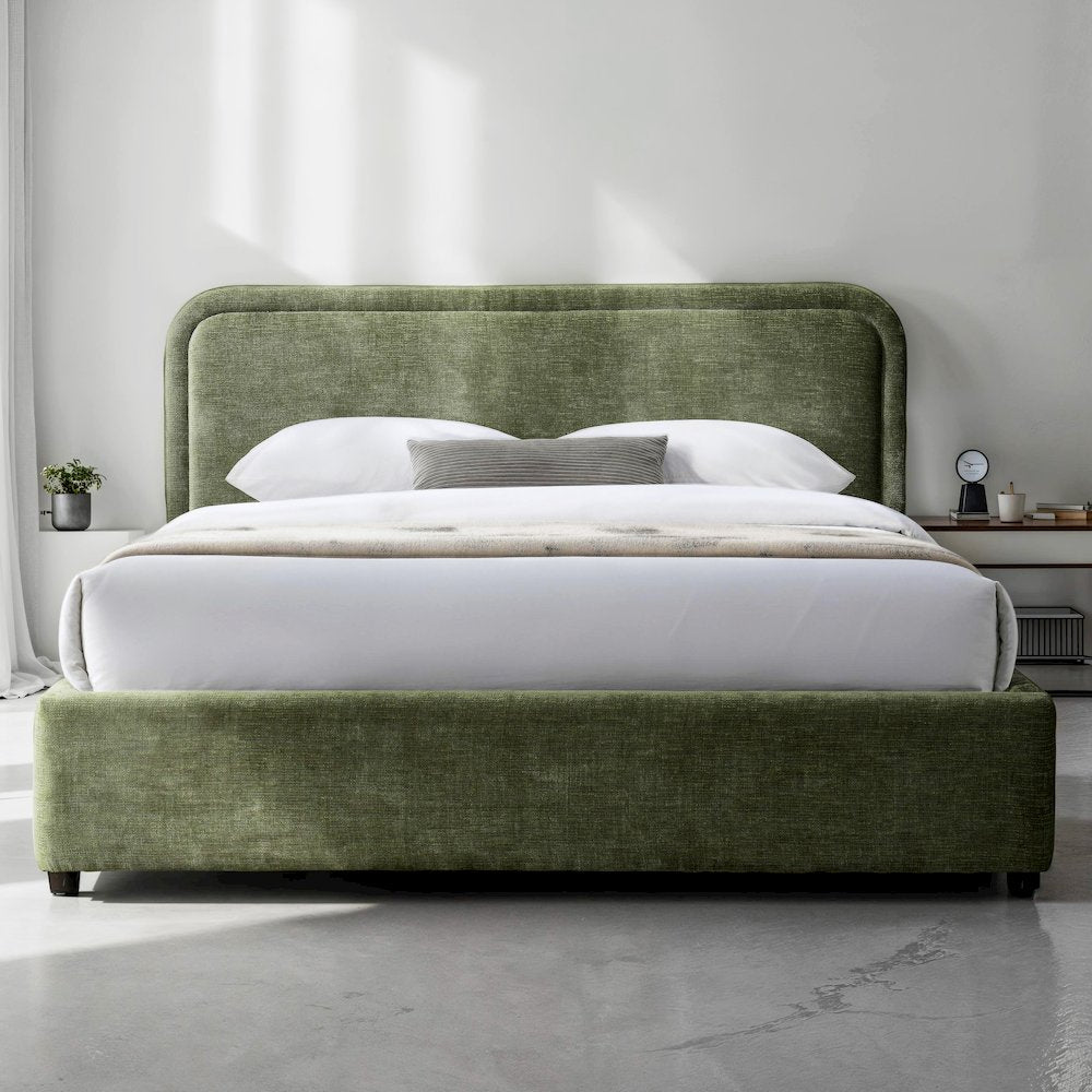 Chloe Upholstered Platform Queen Bed in Moss Green Fabric