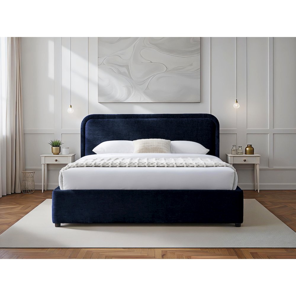Chloe Upholstered Platform Queen Bed in Blue Fabric