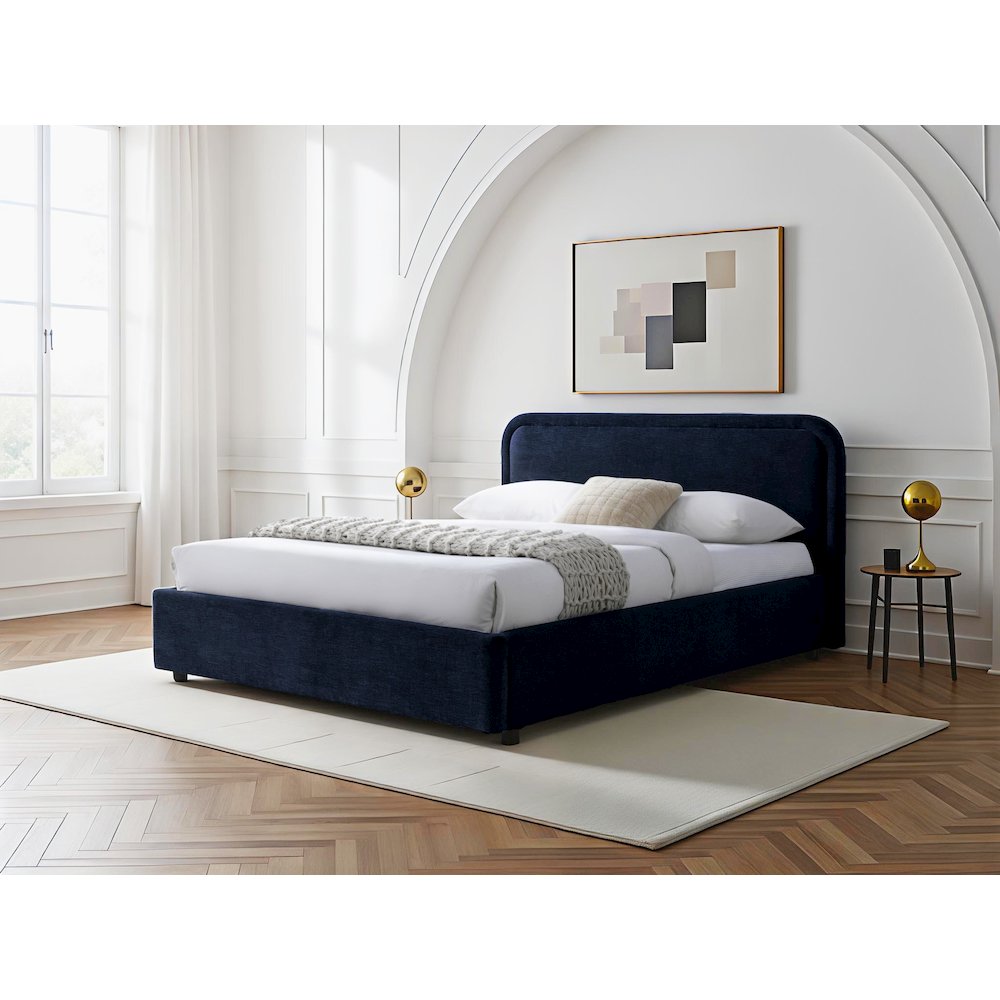 Chloe Upholstered Platform Queen Bed in Blue Fabric