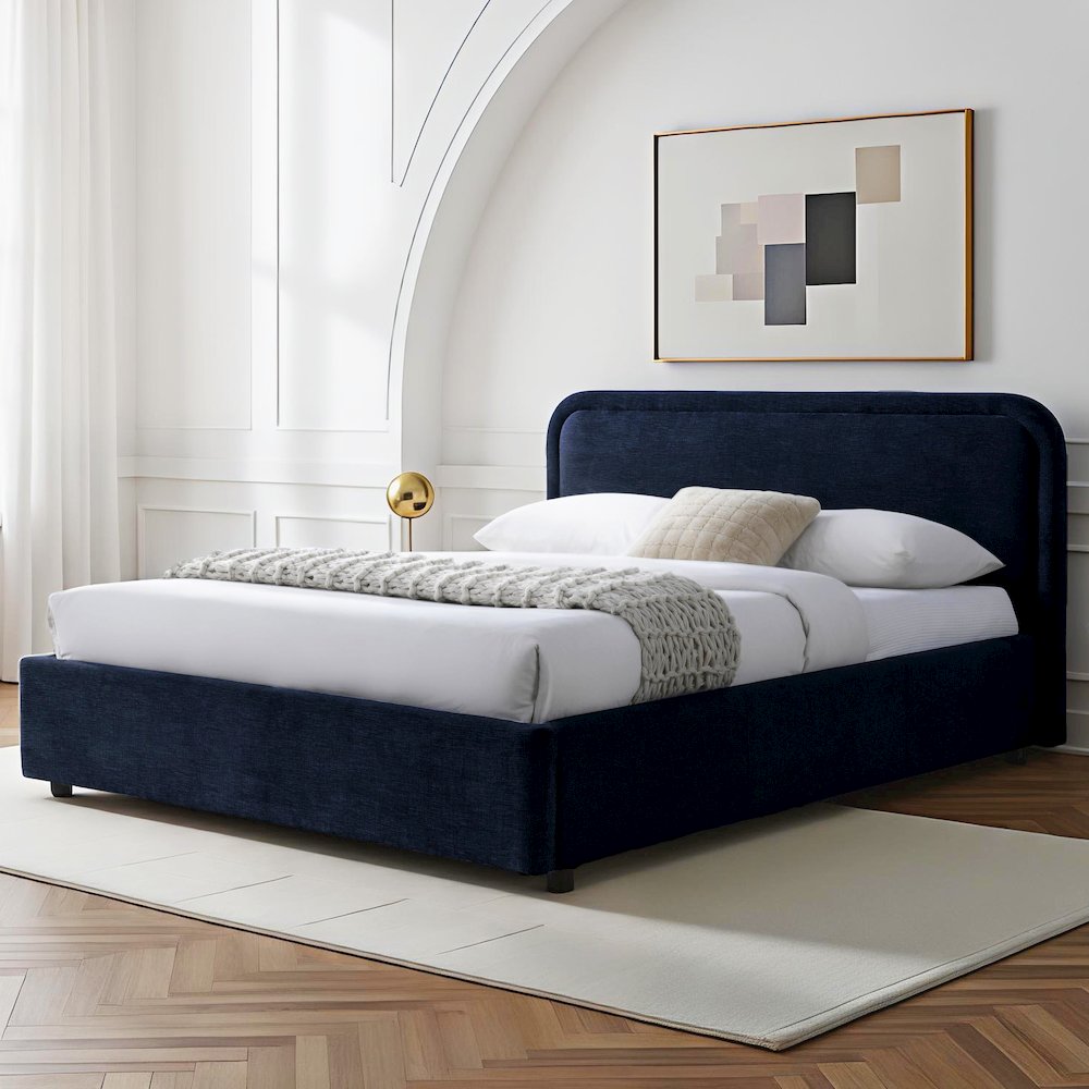 Chloe Upholstered Platform Queen Bed in Blue Fabric