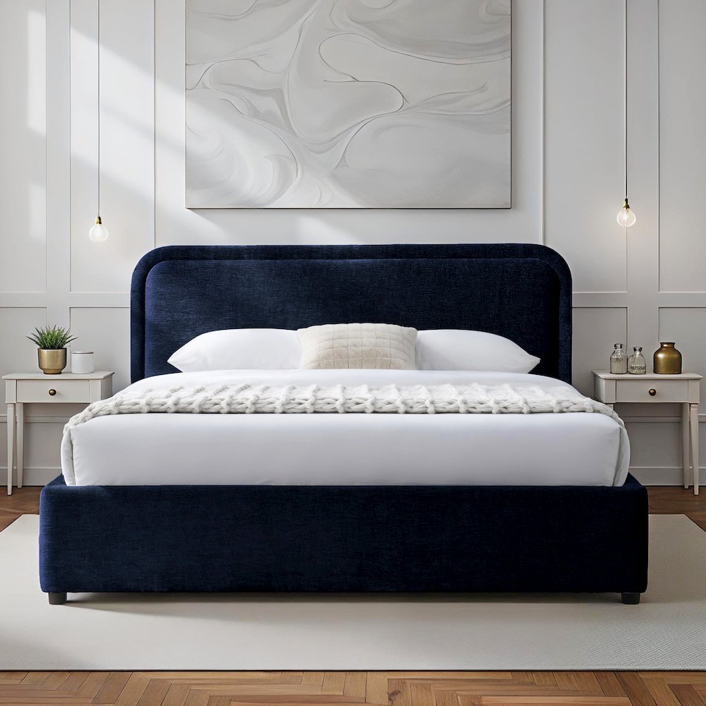 Chloe Upholstered Platform Queen Bed in Blue Fabric