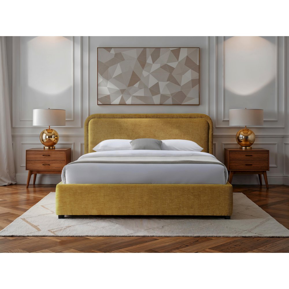 Chloe Upholstered Platform Queen Bed in Gold Fabric