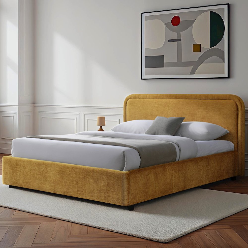Chloe Upholstered Platform Queen Bed in Gold Fabric