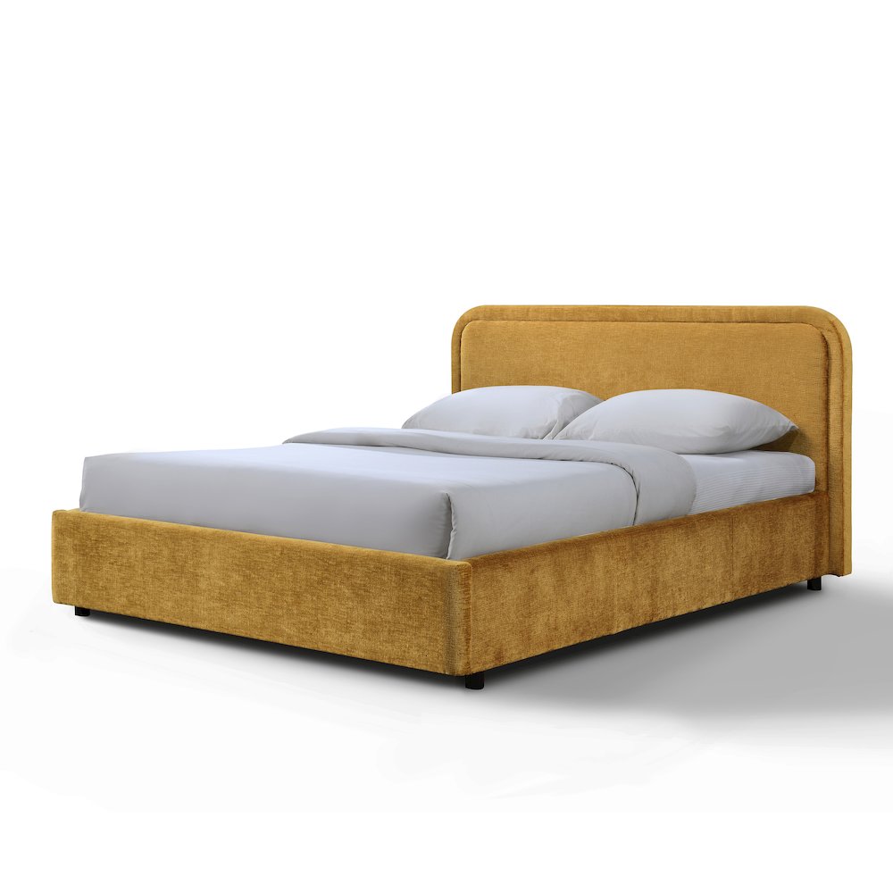 Chloe Upholstered Platform Queen Bed in Gold Fabric