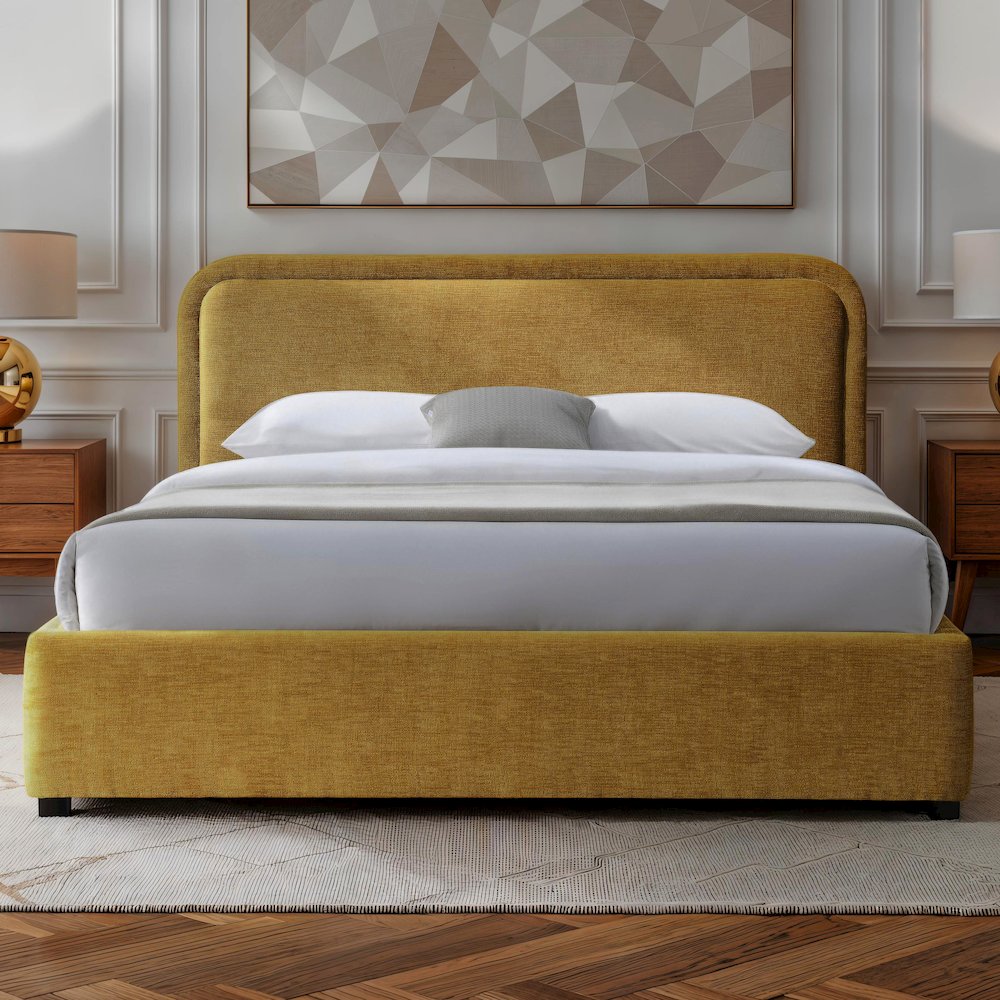 Chloe Upholstered Platform Queen Bed in Gold Fabric