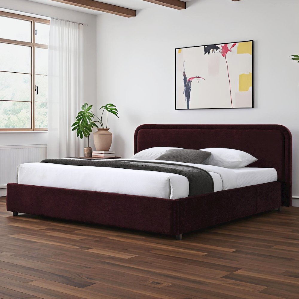 Chloe Upholstered Platform King Bed in Burgundy Fabric