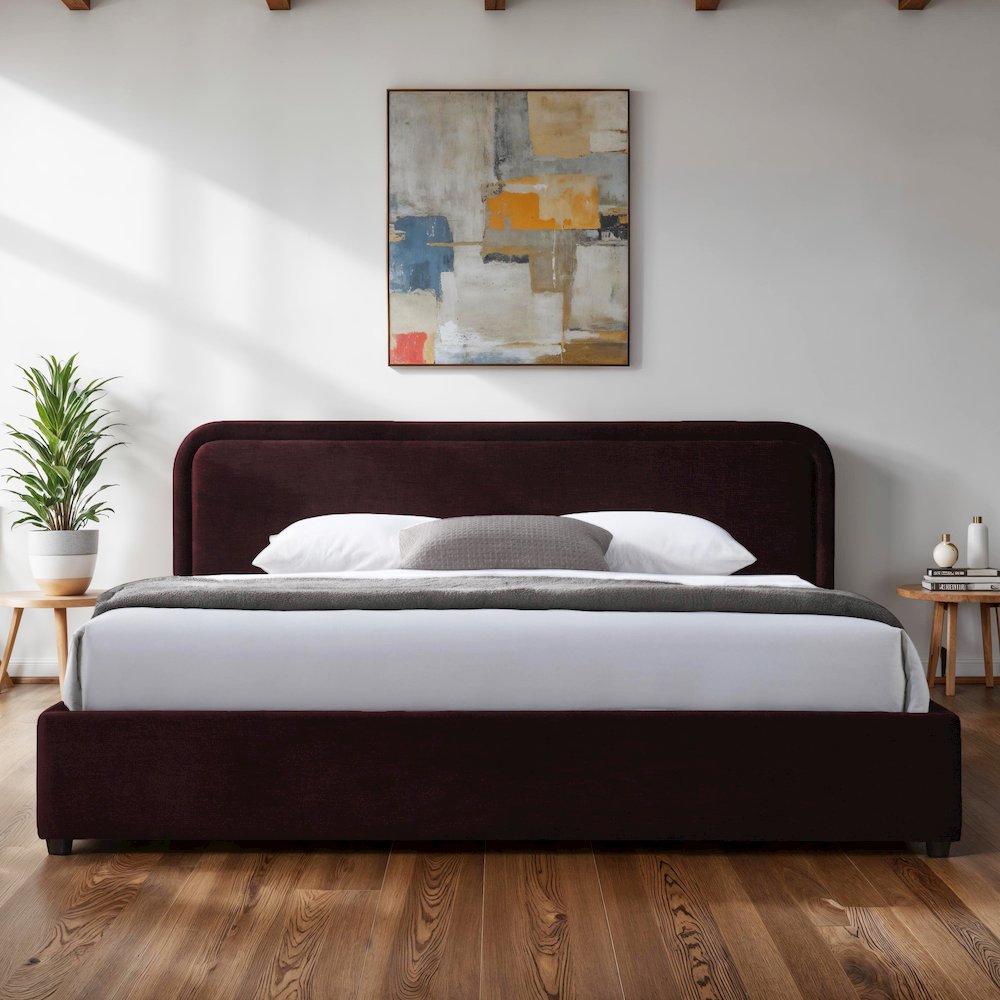 Chloe Upholstered Platform King Bed in Burgundy Fabric