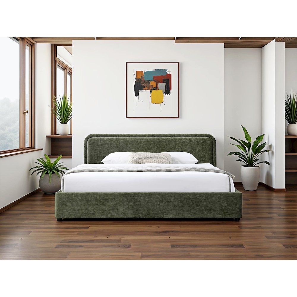 Chloe Upholstered Platform King Bed in Moss Green Fabric