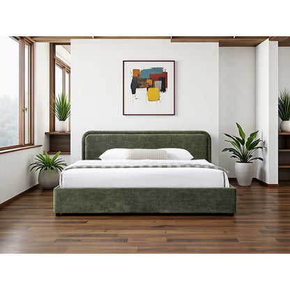 Chloe Upholstered Platform King Bed in Moss Green Fabric