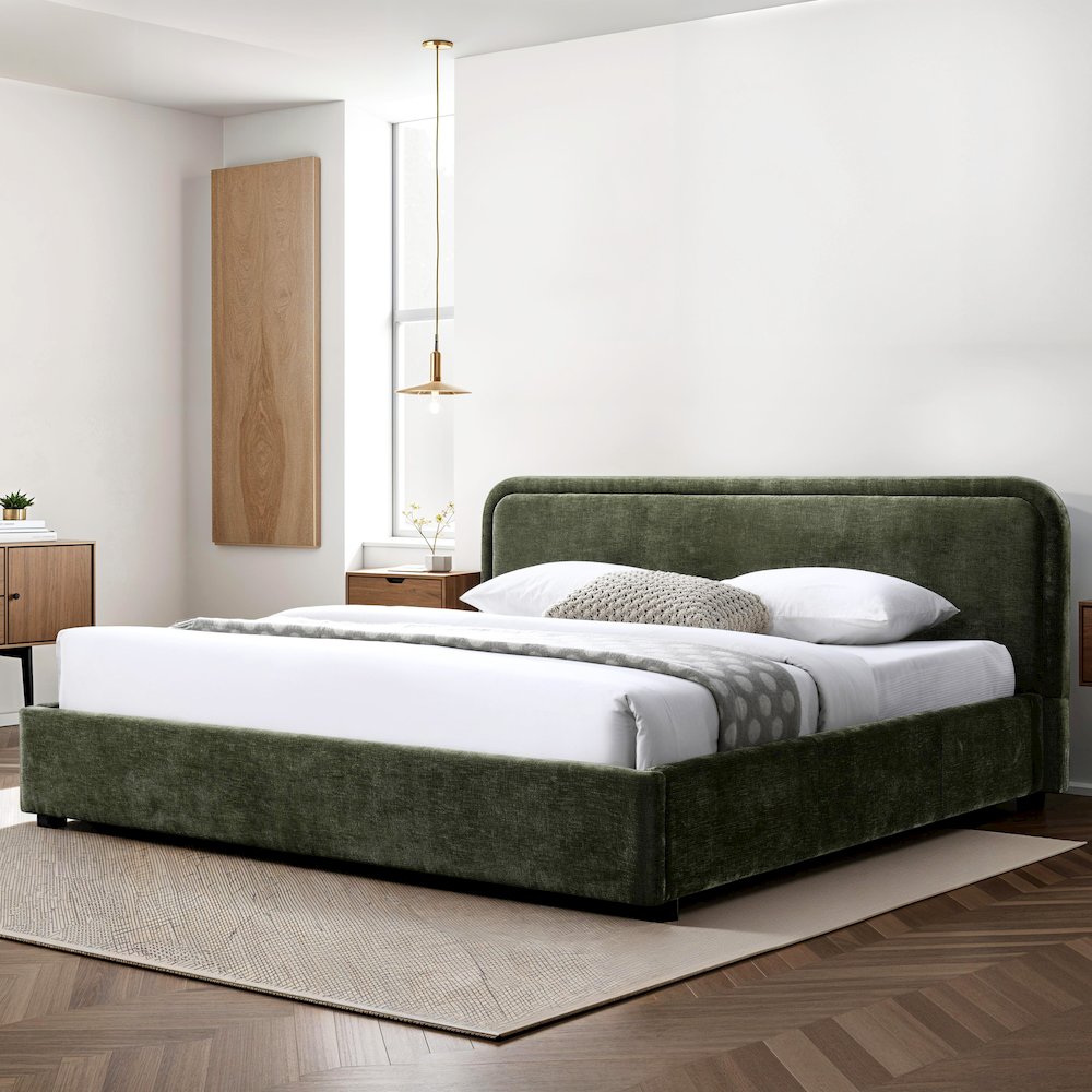 Chloe Upholstered Platform King Bed in Moss Green Fabric