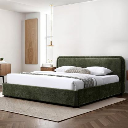 Chloe Upholstered Platform King Bed in Moss Green Fabric