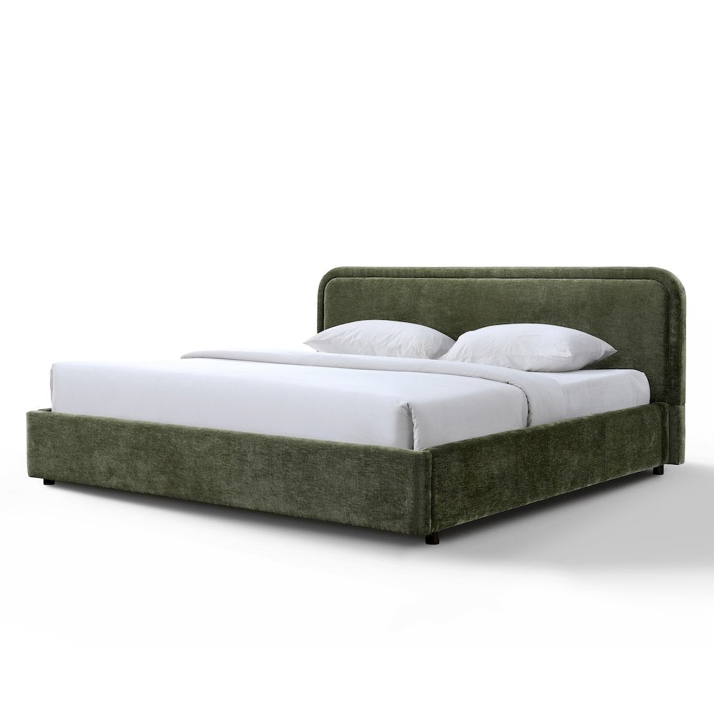 Chloe Upholstered Platform King Bed in Moss Green Fabric